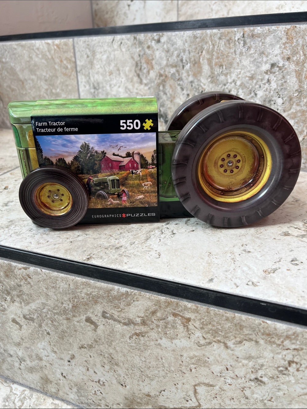 EuroGraphics 550-Piece 'Farm Tractor' Puzzle Tin with JD Tractor Wheel Decor-